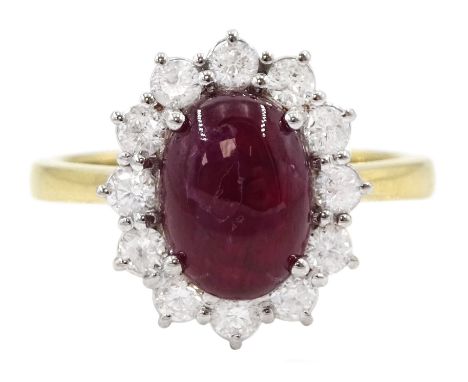 18ct gold oval cabochon ruby and round brilliant cut diamond cluster ring, hallmarked, ruby approx 3.20 carat, total diamond 