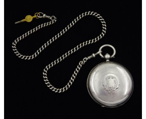 Victorian silver full hunter key wound lever pocket watch by J. Harris & Sons, Manchester, No. 4520, white enamel dial with R