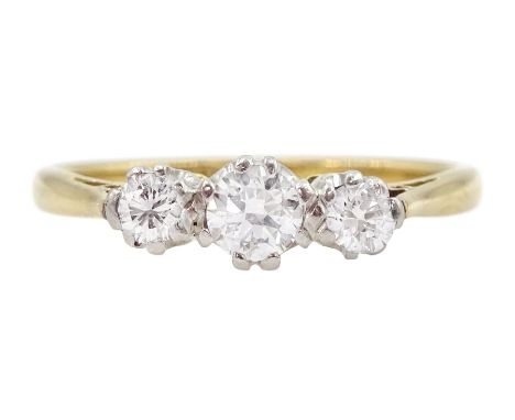 18ct gold three stone diamond ring, stamped Plat 18ct, total diamond weight approx 0.55 caratCondition Report:Approx 2.6gm, c