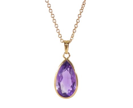 18ct rose gold pear shaped amethyst pendant, on 9ct rose gold link necklace Condition Report:Pendant tested to 18ct length = 