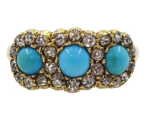 Early 20th century turquoise and diamond triple cluster ring, three round turquoise within a border of eight cut diamonds, st
