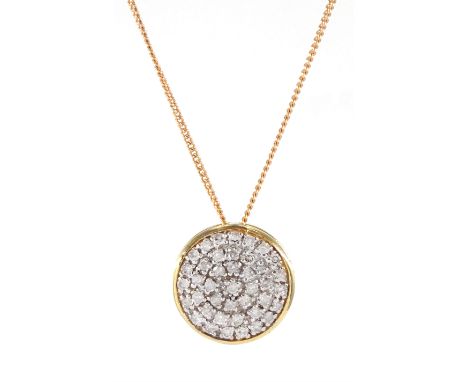 14ct gold pave set round brilliant cut diamond circular pendant, on 18ct gold link chain necklace, hallmarkedCondition Report