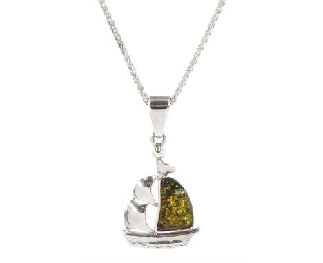 Silver green Baltic amber boat pendant necklace, stamped 925Condition Report:Pendant length = 3cm, chain length = 47cm, good 