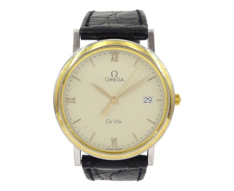 Omega De Ville gentleman's stainless steel quartz wristwatch, NO. 7420.63, Cal. 1430, serial No. 53959861, on Omega black lea