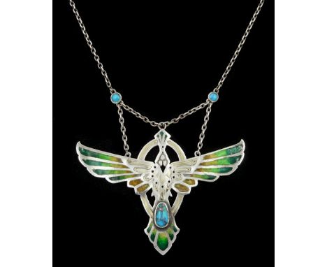 Early 20th century enamel and turquoise Mexican Thunderbird pendant on chain, the wings filled with coloured enamel and set w