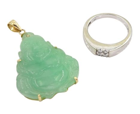 9ct white gold diamond ring, Birmingham 2008, total diamond weight 0.15 carat approx, and a 14ct gold carved jade Buddha pend