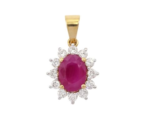 18ct gold oval ruby and round brilliant cut diamond pendant, stamped, ruby approx 1.15 carat, total diamond weight approx 0.4