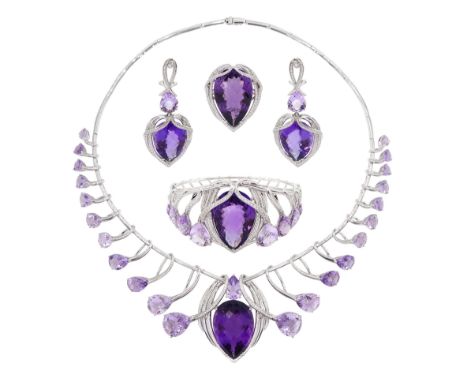 18ct white gold amethyst and diamond suite, comprising necklace, pair of pendant stud earrings and bracelet and ring, each wi