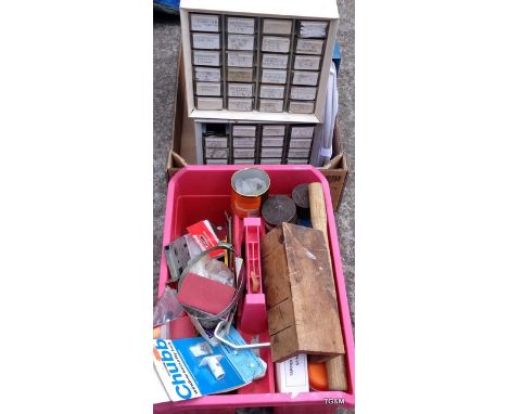 4 Chests of fasteners, tool tray containing: workshop tools and parts.