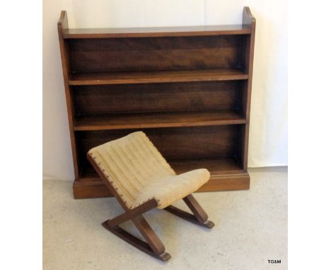 A Goat stool and 3 shelf book case