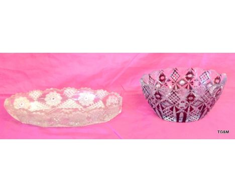 A Bohemian etched Ruby glass dish  and an etched glass centre dish