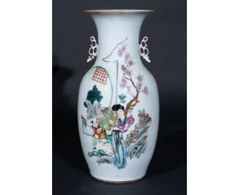 Chinese Art A famille rose porcelain vase painted with lady and child in the garden and inscriptionChina, ealry 20th century 