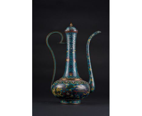 Chinese Art A cloisonnè ewer and cover decorated with floral motif and Qilin among clouds over light blue ground China, Ming 