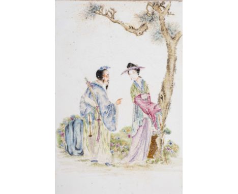 Chinese Art A famille rose enamel porcelain plaque painted with a couple in the garden China, 20th century . . Cm 26,00 x 38,