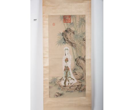 Chinese Art An ink and colour scroll paiting on paper depicting Guanyin in the Qianlong style, signed by Chen Dong BangdaChin