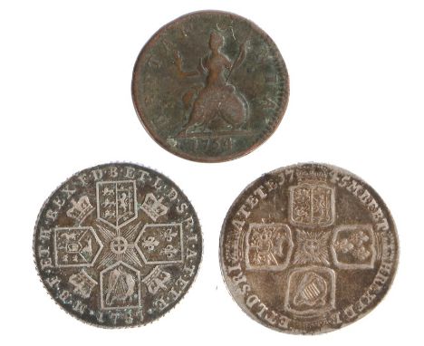 George II Shilling, 1745, Lima (S. 3703) together with a George III Farthing 1754 (S. 3722) and a George III Sixpence 1787, (