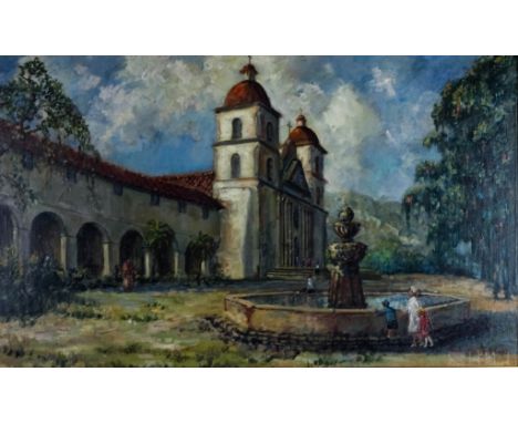 Colin Campbell Cooper  (American, 1856-1937)  Architectural Church Scene with Fountain  Impressionist  Oil on Board  Signed, 