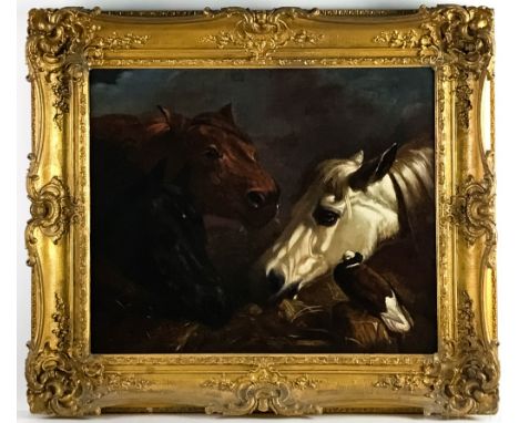 Equestrian Portrait  (European, 19th Century)  Three Horses Eating with Pigeon  Oil on Canvas  Canvas: 24 1/2 in. x 30 in.; F