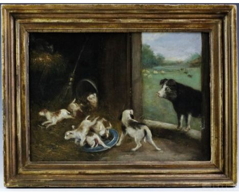 Farm with Dogs Portrait  (British, 19th Century)  Farm Scene with Puppies and Curious Pig  Oil on Canvas  Signed, Lower right