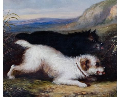 Portrait of Black &amp; White Dogs  (Great Britain, 19th Century)  Field Scene with Dogs Running  Oil on Canvas  Signed, Lowe