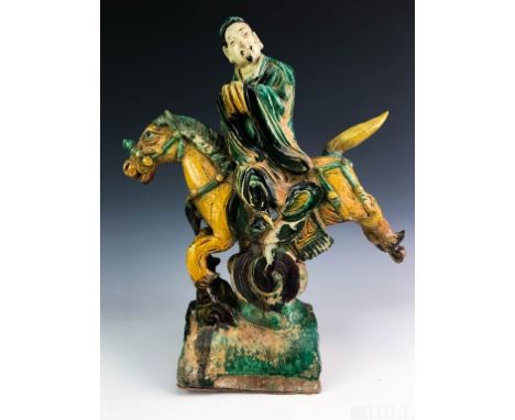 Horse with Rider Roof Tile  (Chinese, 19th Century or earlier, possibly Tang era)  Horse with Monk Rider  Polychrome Glaze ov