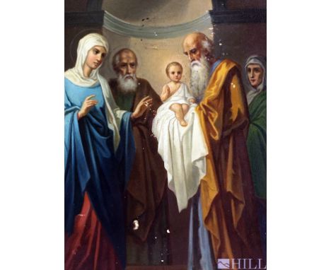 Orthodox Icon  (Greek, 19th Century or later)  Jesus with Mary &amp; Others  Oil On Wood Panel with Enamel  Text upper center