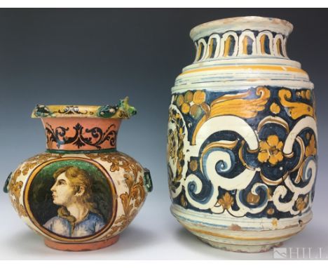 Antique Majolica Drug Jars  (Italian, 16th Century or later)  Albarello Jars, possibly from Domenico Veneziano.  Polychrome G