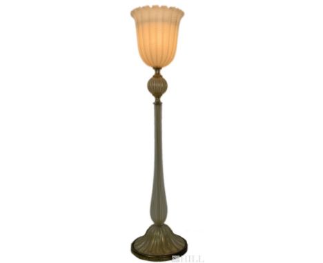 Murano Glass Floor Lamp  (Italian, Mid 20th Century)  Ribbed Tulip Form Floor Lamp  Mid Century Modern  Gold Flecked Art Glas