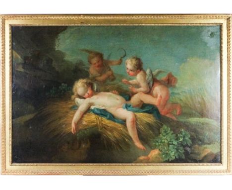 Old Master Style  (European, 19th Century)  Dying Angel on Wheat Flanked by Cherubs  Oil On Canvas  Canvas: 24 in. x 36 in.; 