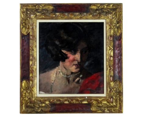 Edmund Pick-Morino, attributed to  (Austrian, 1877-1958)  Portrait, Lady in Red Dress  Oil on canvas  Canvas: 13 1/2 in. x 12