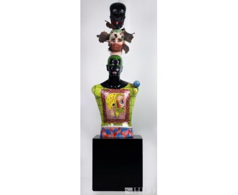 Mixed Media Sculpture  (American, 21st Century)  Stacking Heads on a Totem Pole  Contemporary  Ceramic and Iron  Totem: 47 in