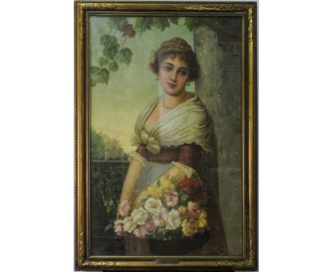 Karl Kaufman AKA H. Rodeck  (Austrian, 1843-1901/1905)  Portrait of a Girl with Pearls and Flowers  Oil on Canvas  Signed, Lo