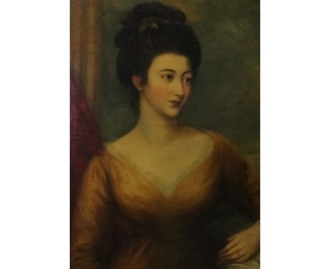Portrait of a Lady  (British, 19th Century)  Brunette Woman in Yellow Dress  Oil on Canvas  Canvas: 29 1/2 in. x 23 1/2 in.; 