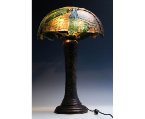Steven Steltz Lamp  (American, 20th Century)  Studio Art Glass Desk Lamp  Pate de Verre Dragonfly Shade  Signed: to Shade and
