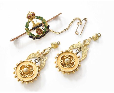 An East Lancashire Egypt Enamel Sweetheart Brooch, length 4.5cm; and A Pair of Drop Earrings, indistinctly marked (a.f.)Brooc