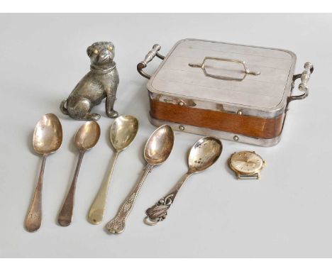 A Gentleman's 9 carat gold cased wristwatch, an oak and plated sardine dish and cover; an EPBM ink sander modelled as a dog; 