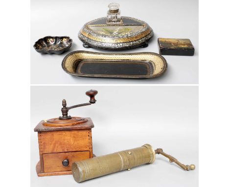 A Victorian Papier Mache Inkstand with Glass Bottle, a papier mache sweetmeat dish, snuff box and snuffers tray, a 19th centu