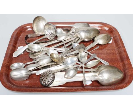 A Collection of Assorted Silver Flatware, including a set of four Fiddle Thread pattern table-spoons; a Fiddle Thread pattern