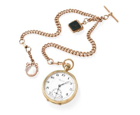 A 9 Carat Gold Open Faced Record Pocket Watch, with a 9 carat gold curb linked watch chain, each link stamped '375', with att