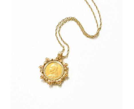A Half Sovereign Pendant on Chain, dated 1892, length 3.5cm, chain length 54cmMount hallmarked 9 carat gold. Chain stamped '9