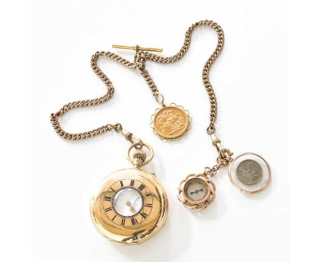 A 9 Carat Gold Half Hunter Pocket Watch, by J W Benson, with gold plated watch chain suspending a sovereign dated 1906 and a 