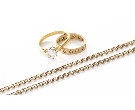 A 9 Carat Gold Fancy Link Chain, length 48cm; A 9 Carat Gold Eternity Ring, the band set with colourless stones, finger size 