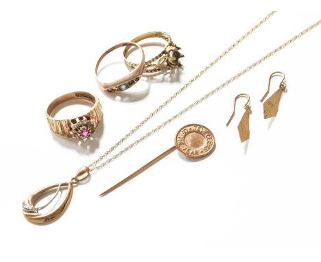 A Small Quantity of Gold Jewellery, including two 9 carat gold rings, a ring stamped '9CT', a 9 carat gold stick pin, a pair 