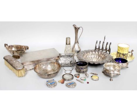 A Collection of Assorted Silver and Silver Plate, the silver including a cigarette-box, the hinged cover engine-turned, wood-