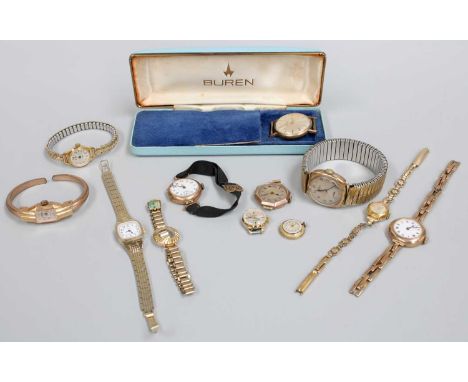 A 9 Carat Gold Buren Wristwatch with Buren Box, 9 Carat Gold Rotary Wristwatch, Four Lady’s 9 Carat Gold Wristwatches, and Fi