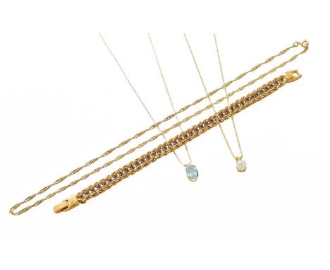A Small Quantity of Jewellery, comprising of a blue topaz pendant on chain, pendant stamped '9K', chain stamped '375'; a cubi