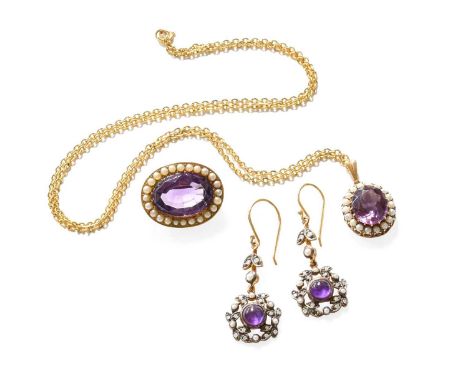 A Pair of Amethyst, Diamond and Split Pearl Drop Earrings, the round amethyst cabochon within a border of split pearls and di