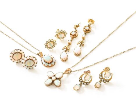 A 9 Carat Gold Synthetic Opal and Split Pearl Pendant on Chain, of cross form, pendant measures 2.7cm by 1.9cm, chain length 