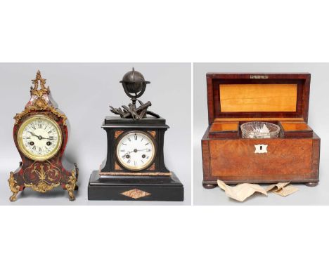 A Crossbanded Burr Walnut Two Division Tea Caddy, circa 1810, together with a "boulle" mantel clock and a slate example (3)Te