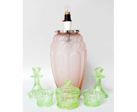 An Art Deco Jobling Pink Frosted Glass Table Lamp, and an art deco green glass dressing table setOne small bowl, with minor c